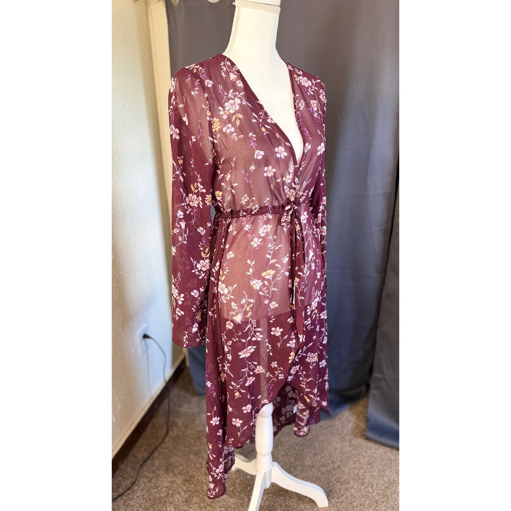 Cure Burgundy Floral Sheer Duster Cardigan High Low Drawstring Waist Medium